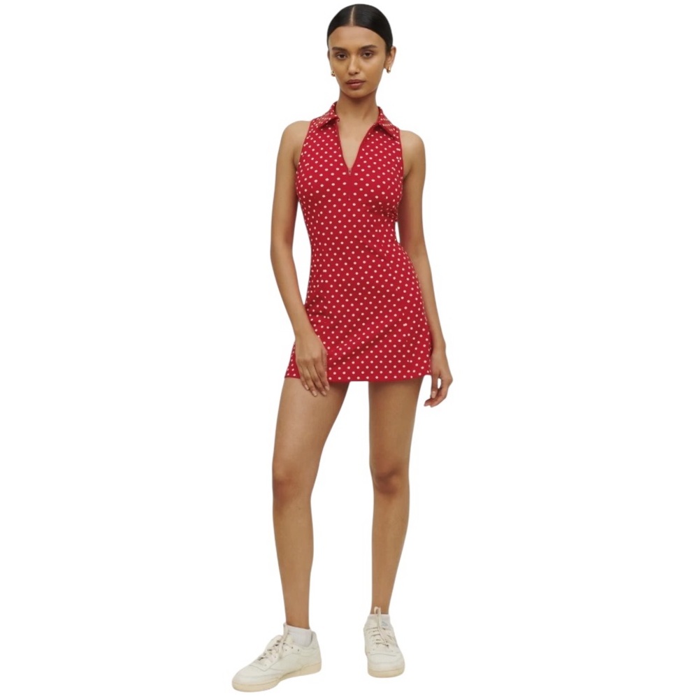 Reformation Leslie Ecomove Zip Front Active Dress Red White Polka Dot Medium NWT